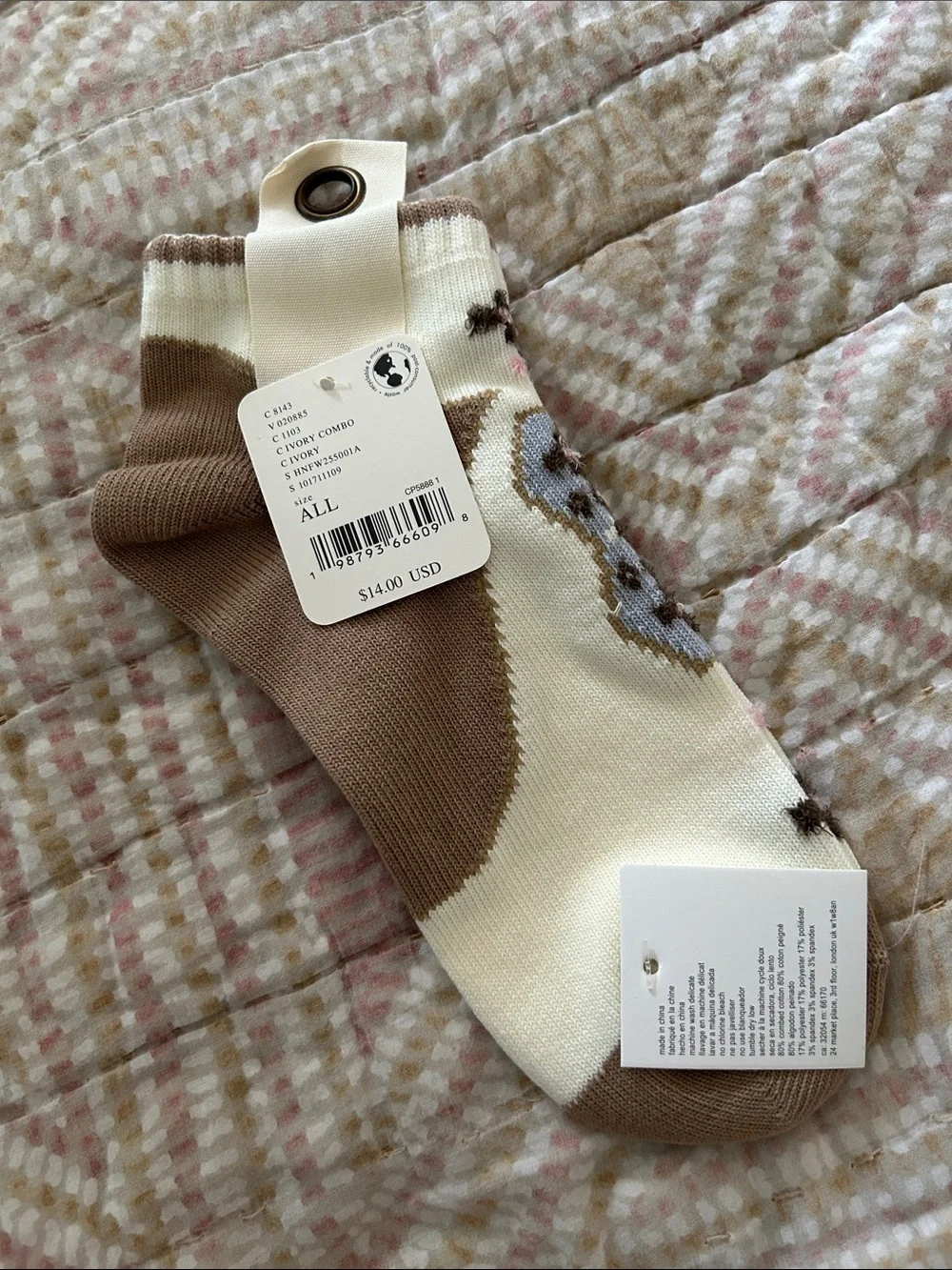 Free People Brown & Cream Floral Ankle Socks